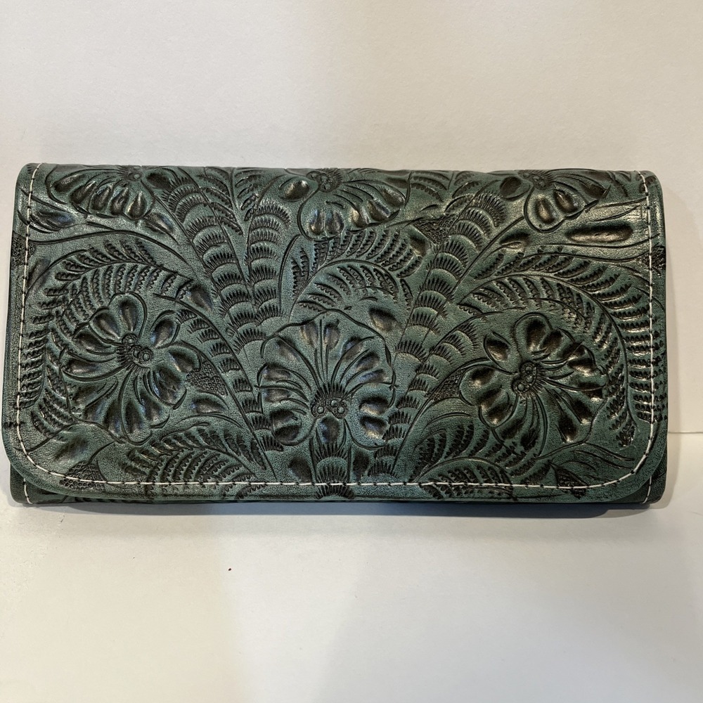American West Womens Hand Tooled Turquoise Leather Trifold Wallet Western Cowboy